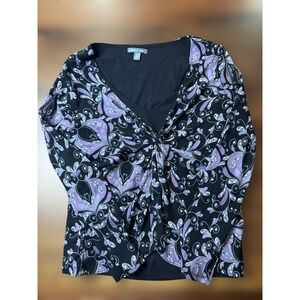 Apt.9 Y2K  V Neck Top Black Purple Floral Print‎ Long Sleeve Blouse Chis